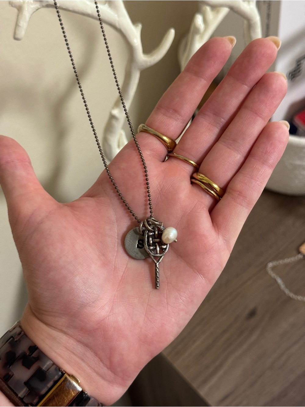 Sterling Silver Tennis Racket Pendant Necklace with Pearl Charm
